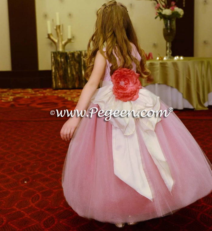 Matching flower girl dress and ring bearer suit in shades of pink and gray silk