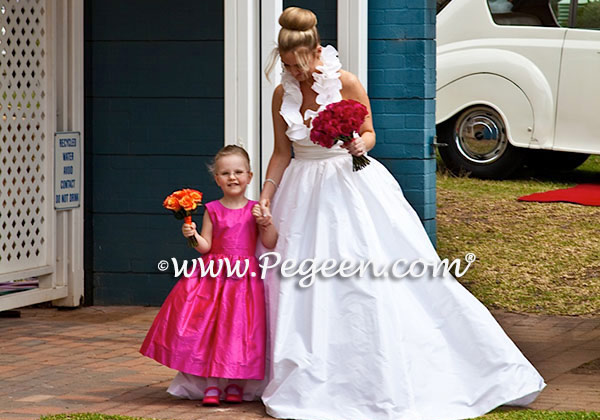 Custom Flower Girl Dresses Style 383 in Hot Pink Shock with matching Jr. Bridesmaid Style 320