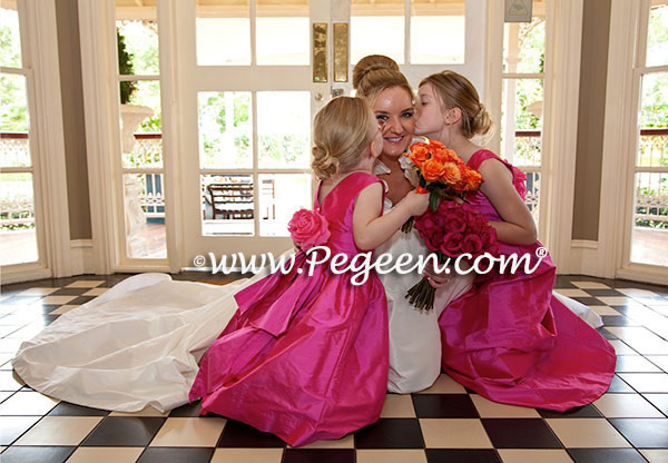 Custom Flower Girl Dresses Style 383 in Hot Pink Shock with matching Jr. Bridesmaid Style 320