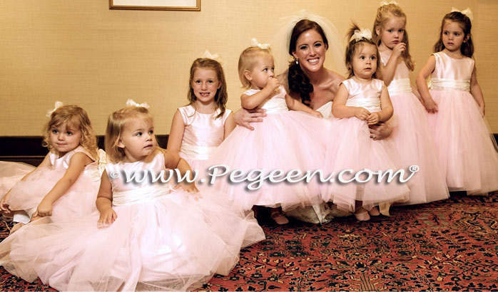 Featured Custom Tulle Flower Girl Dress in Peony Pink with Crystal Pink Tulle
