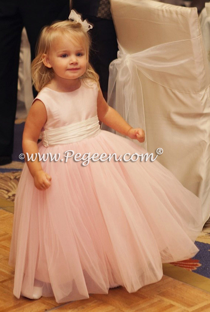 Pink and champagne pink tulle and silk flower girl dresses Style 356