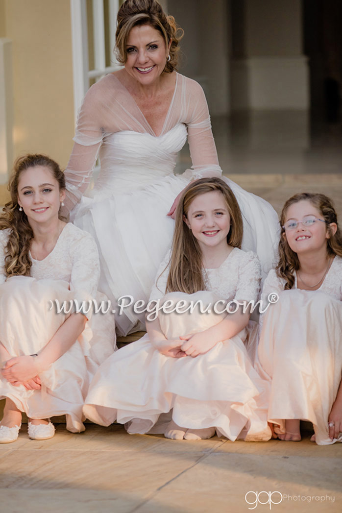 Flower Girl Dress in Baby Pink Silk with Aloncon Lace - Style 396