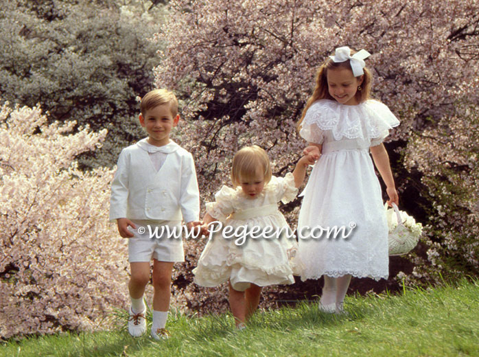 Boys ring bearer suit 275, middle, Victorian styleflower girl dress 397, white embroidered organza dress on Right - 389
