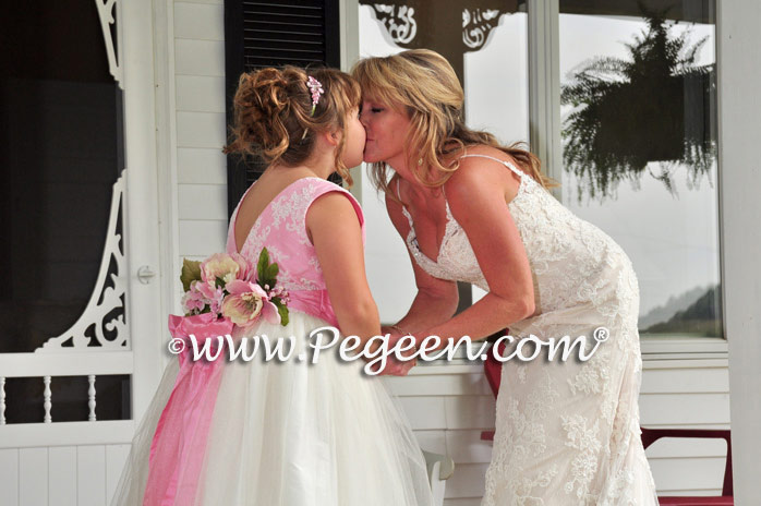 Bubblegum pink and white aloncon lace and tulle flower girl dresses