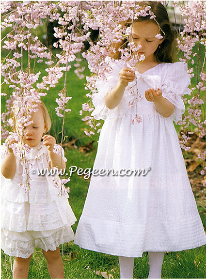 Two sweet flower girl dresses by Pegeen.  On the left, flower girl dress style 801 in a 2pc set, and on the right, Pegeen style 367