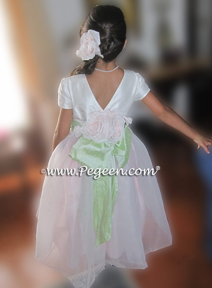 Custom flower girl dress in pink and mint green silk and organza | Pegeen