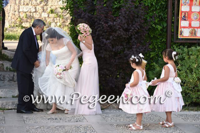 Solid Peony Pink Silk Tea Length Flower Girl Dresses with V-Back | Pegeen