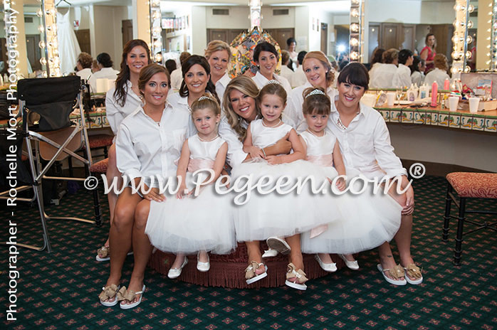 Flower Girl Dresses Style 402 in antique white and pink with a Cinderella sash