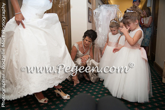 Flower Girl Dresses Style 402 in antique white and pink with a Cinderella sash