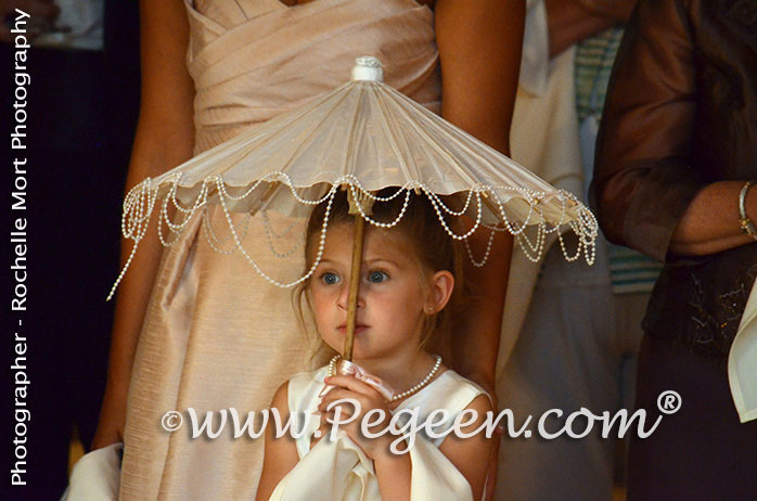 Flower Girl Dresses Style 402 in antique white and pink with a Cinderella sash