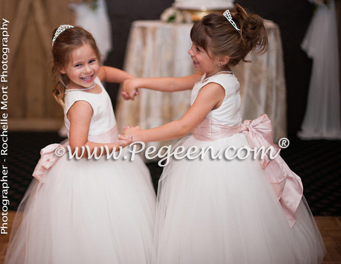 Flower Girl Dresses Style 402 in antique white and pink with a Cinderella sash