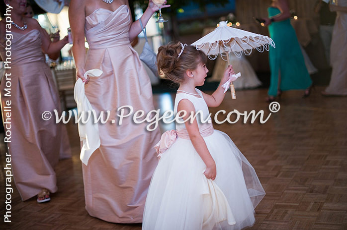 Flower Girl Dresses Style 402 in antique white and pink with a Cinderella sash