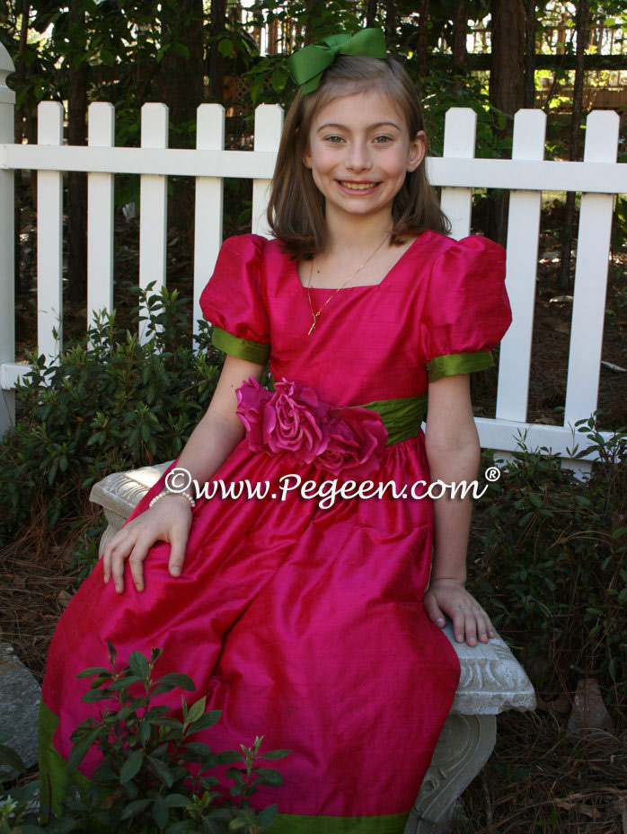 FLOWER GIRL DRESSES in Raspberry and Grass Green Silk