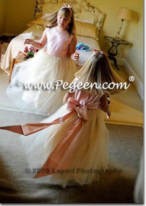 Flower Girl Dresses in Buttercreme and Strawberry Tulle | Pegeen