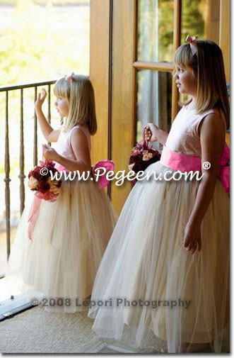 Flower Girl Dresses in Buttercreme and Strawberry Tulle | Pegeen