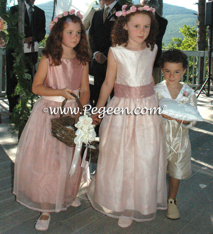 Blush and Rum Pink Silk Flower Girl Dress with Bustle and Back Flowers