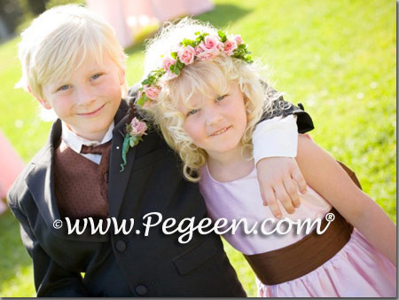 Flower girl dress in peony pink and chocolate brown