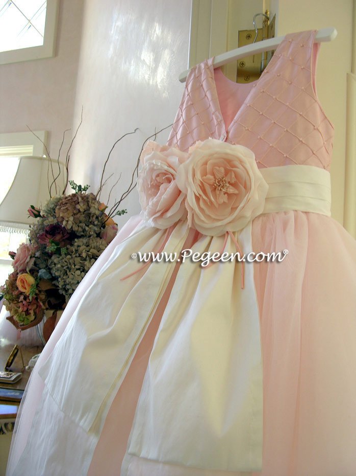 Pink Tulle and Pin Tucks with Pearls Flower Girl Dress part of the Couture Collection Style 402