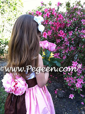 Flower girl dress in bubblegum pink, chocolate brown and Antique White silk