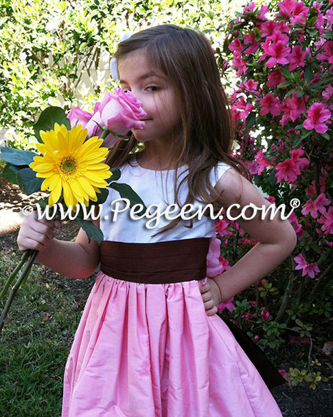 Flower girl dress in bubblegum pink, chocolate brown and Antique White silk