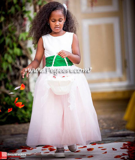 Flower girl dresses in Peony Pink and Shamrock Silk with Organza Skirt Pegeen Classic Style 359