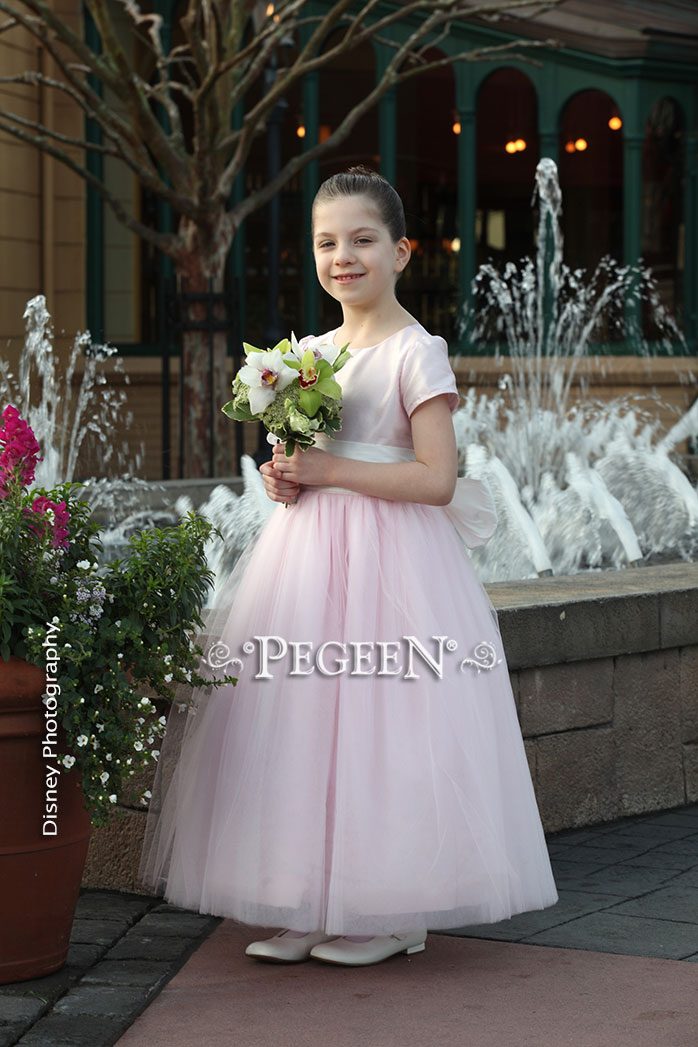 Flower Girl dress in Antique White and Peony Pink Tulle and Silk by Pegeen
