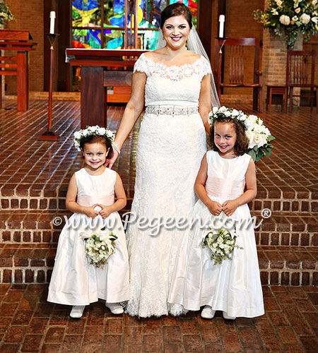 Monogrammed Petal Pink and New Ivory silk flower girl dress with matching ringbearer suit