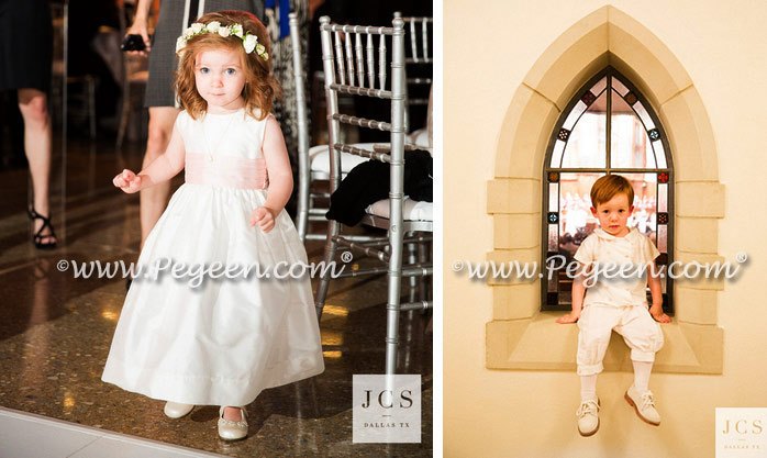 Matching pink and ivory flower girl dress and ring bearer suit