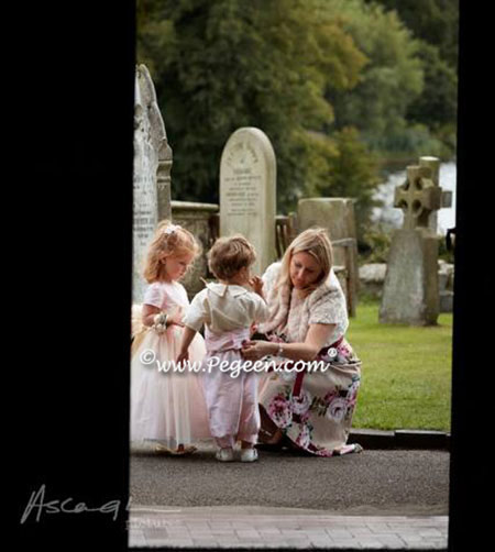 December 2014 Wedding of the Month with Style 356 flower girl dress and matching Ring Bearer Style 509 in Bisque and Peony Pink silk