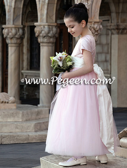 Custom Flower girl dresses Style 402 in Peony Pink Tulle and Silk
