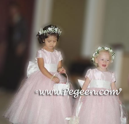 Above - Custom Flower girl dresses Style 402 in Peony Pink Tulle and Silk