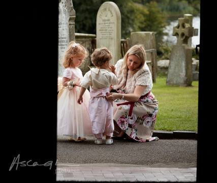 Matching ringbearer suit (Style 509) with silk flower girl dresses - both in petal pink and bisque