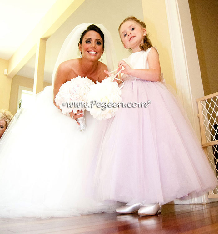 Light Plum Tulle and Bisque Silk Flower Girl Dress- Pegeen Couture Style 402 with layers and layers of tulle
