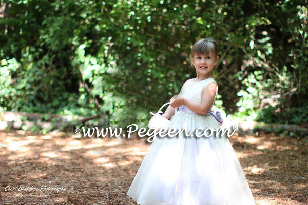 Custom Flower Girl Dresses Style 356 in Bisque and Lilac with tulle overskirt