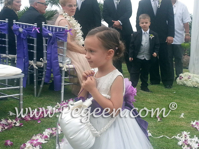 Antique White with Pearls and Amethyst Silk flower girl dresses