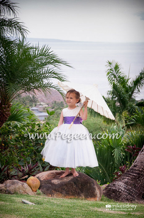 Antique White with Pearls and Amethyst Silk flower girl dresses