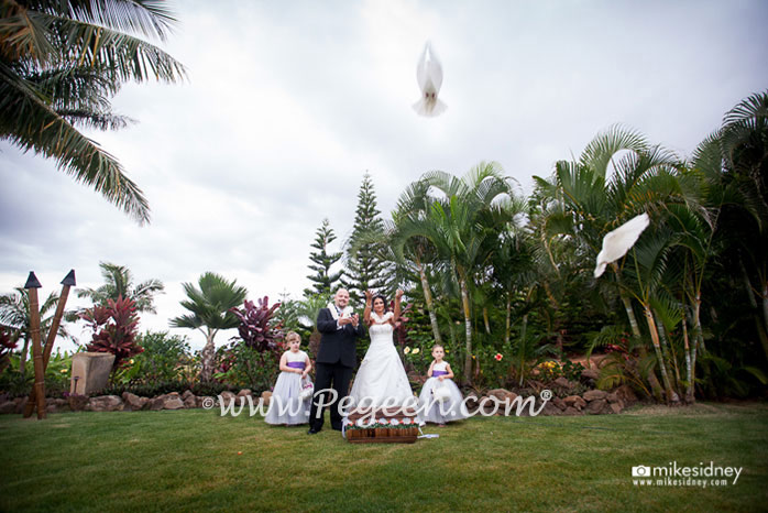 Antique White with Pearls and Amethyst Silk flower girl dresses