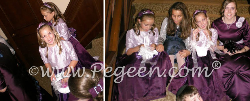 Plum and Orchid Flower girl dresses with 3/4 sleeves by Pegeen.com