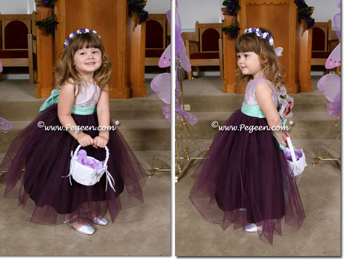Eggplant, lavender and Aqua Silk and Tulle Flower Girl Dresses
