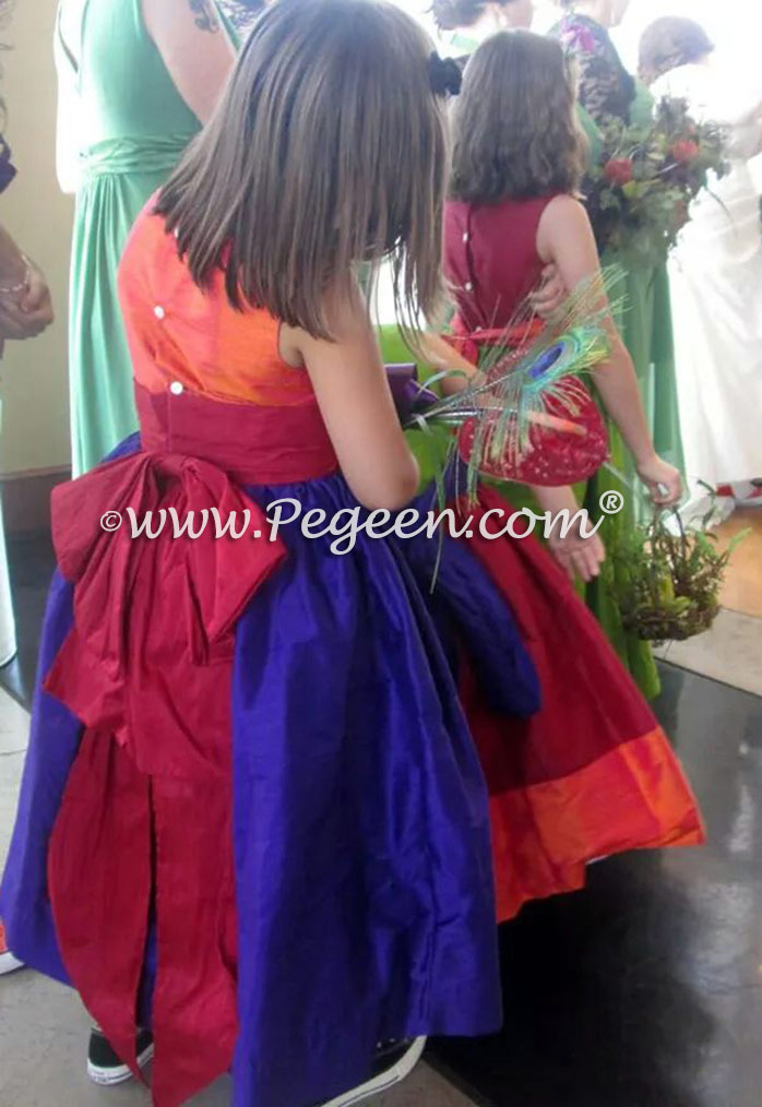 Flower Girl Dresses in purple, green, red and orange