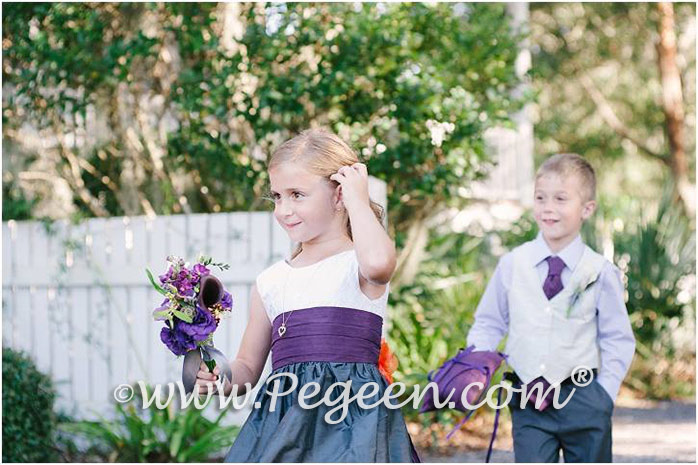Flower girl dress in  Ivory, Pewter Gray and Eggplant Silk Pintuck Trellis | Pegeen