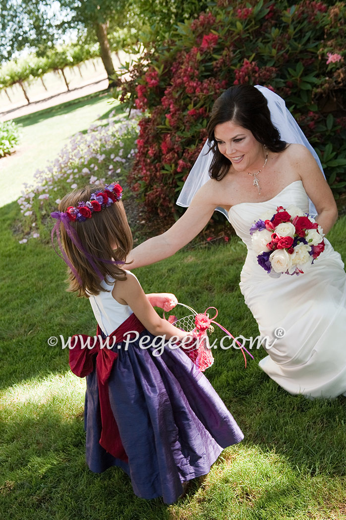 Flower girl dresses 388 in grape, beauty and antique white silk