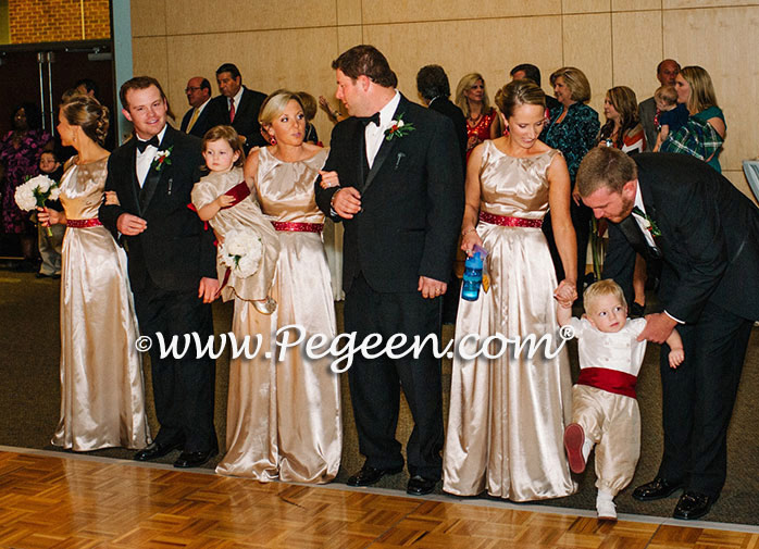 Toffee (creme) with Claret Red sash and monogram with matching ringbearer suit