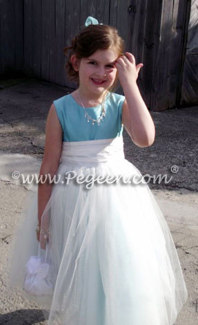 TIFFANY BLUE AND ANTIQUE WHITE ballerina style FLOWER GIRL DRESSES with layers and layers of tulle