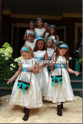OATMEAL AND ADRIATIC TEAL COUTURE STYLE FLOWER GIRL DRESSES
