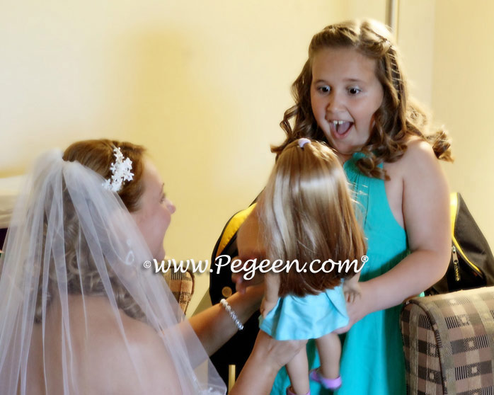 Bahama Breeze (Tiffany Blue), Deep Sea (Turquoise) and Gold Pin Tuck Pearl Silk Flower girl dresses with American Doll Dress