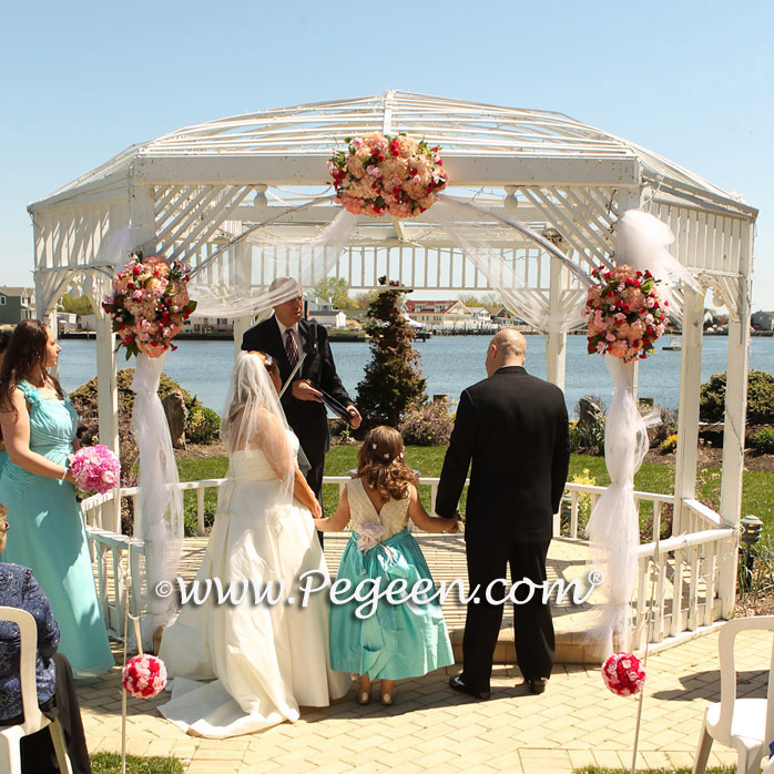 Bahama Breeze (Tiffany Blue), Deep Sea (Turquoise) and Gold Pin Tuck Pearl Silk Flower girl dresses with American Doll Dress