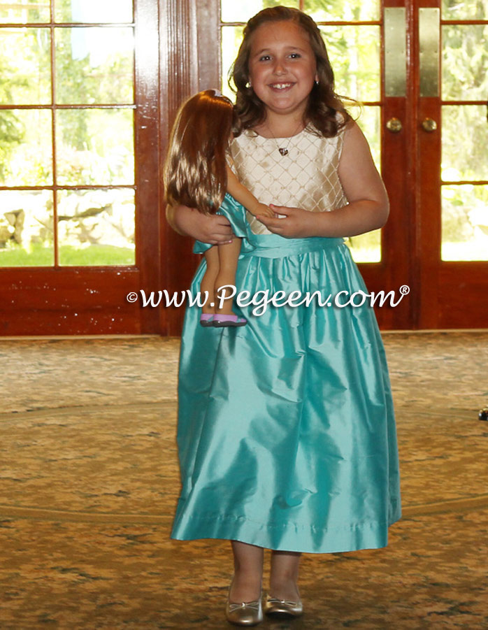 Bahama Breeze (Tiffany Blue), Deep Sea (Turquoise) and Gold Pin Tuck Pearl Silk Flower girl dresses with American Doll Dress