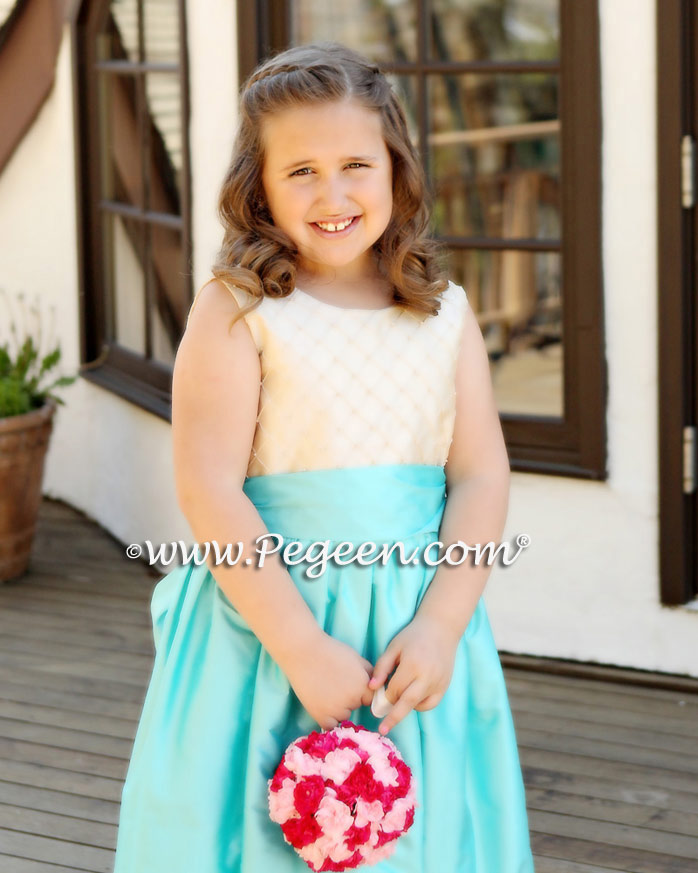 Bahama Breeze (Tiffany Blue), Deep Sea (Turquoise) and Gold Pin Tuck Pearl Silk Flower girl dresses with American Doll Dress