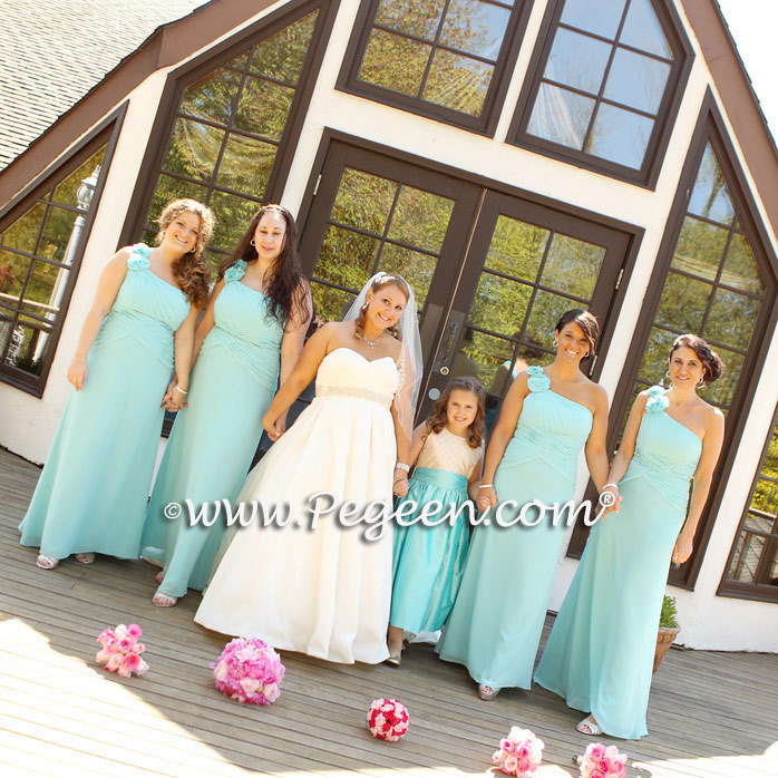 Bahama Breeze (Tiffany Blue), Deep Sea (Turquoise) and Gold Pin Tuck Pearl Silk Flower girl dresses with American Doll Dress